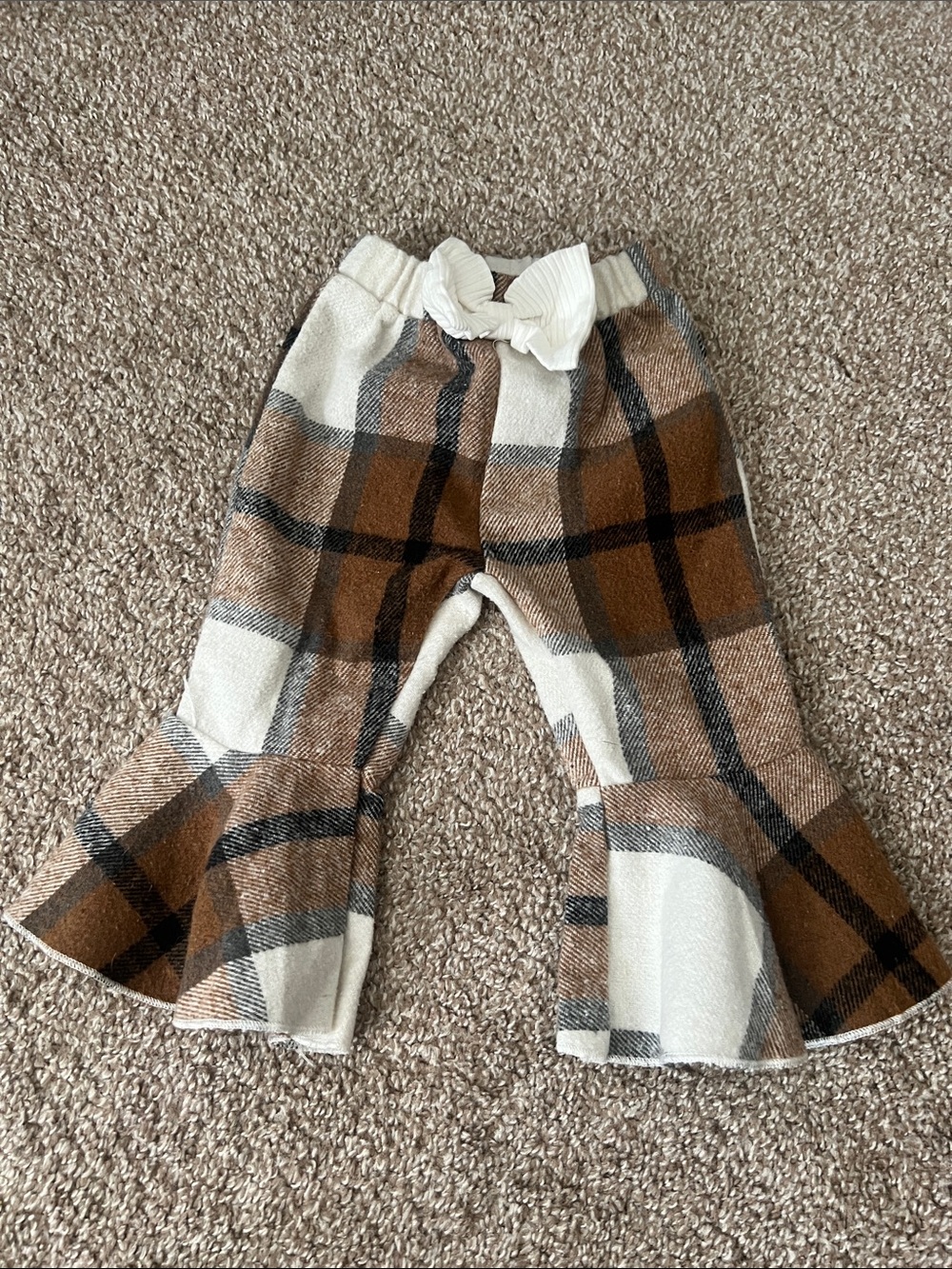 Plaid Flared Kids Pants with Bow - Brown & Cream